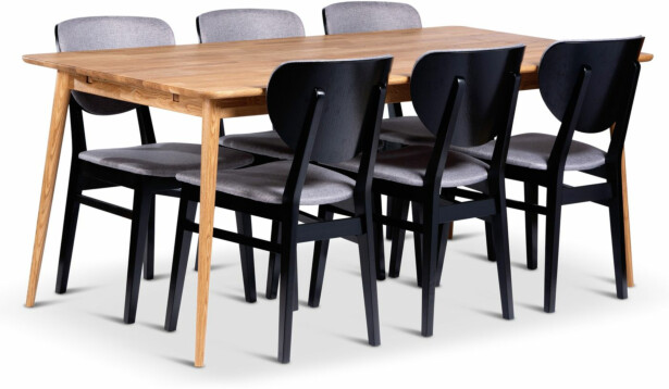Ruokailuryhmä Stenexpo 180x90cm Alborg-pöytä + 6 Borgholm-tuolia jatkettava tammi mustaksi petsattu