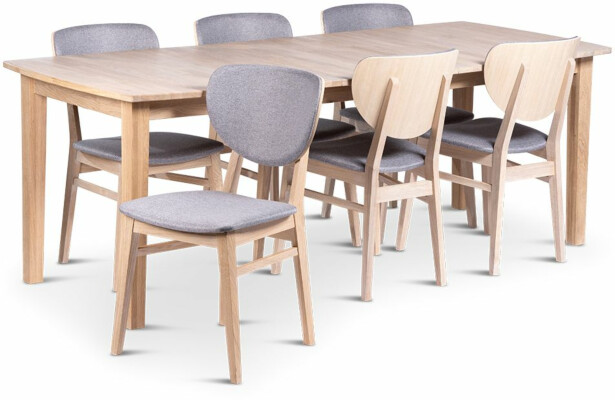 Ruokailuryhmä Stenexpo 160/210x90cm Kivik-jatkopöytä + 6 Fårö-tuolia valkoöljytty tammi