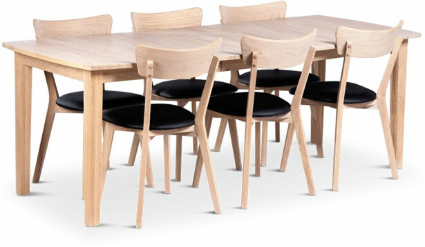 Ruokailuryhmä Stenexpo 160/210x90cm Kivik-jatkopöytä + 6 Eksjö-tuolia valkoöljytty tammi