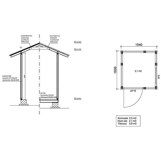 Elementtivarasto Aarni E1c, 1540x1640mm, 2.53m², puuvalmis