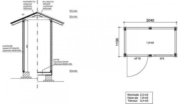 Elementtivarasto Aarni E2, 2040x1140mm, 2.33m², puuvalmis