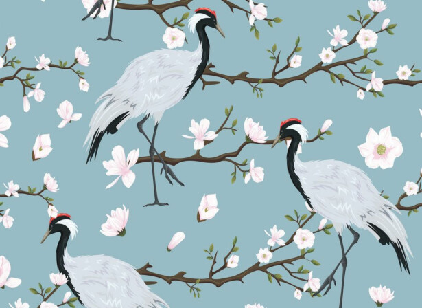Kuvatapetti A.S. Creation Designwalls Japanese Cranes, 350x255cm, sininen