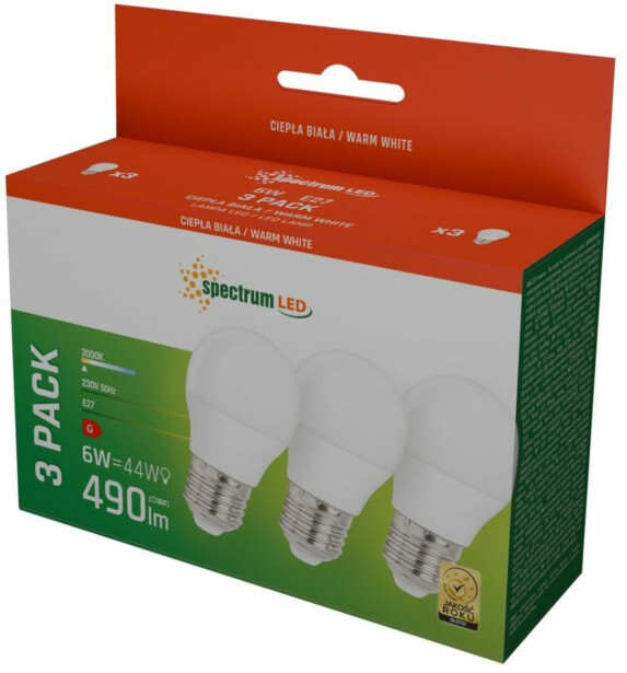 LED-lamppu Spectrum E27 G45 230V 6W 3000K 3kpl/pkt