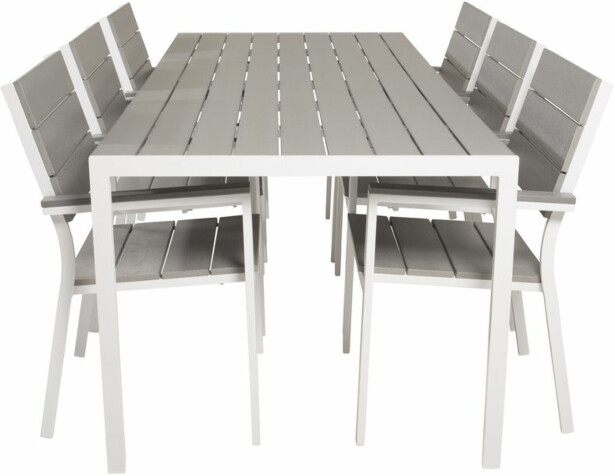 Ruokailuryhmä Venture Home, 205x90cm harmaa/valkoinen Break-pöytä + 6 harmaa/valkoista, pinottavaa Levels-tuolia