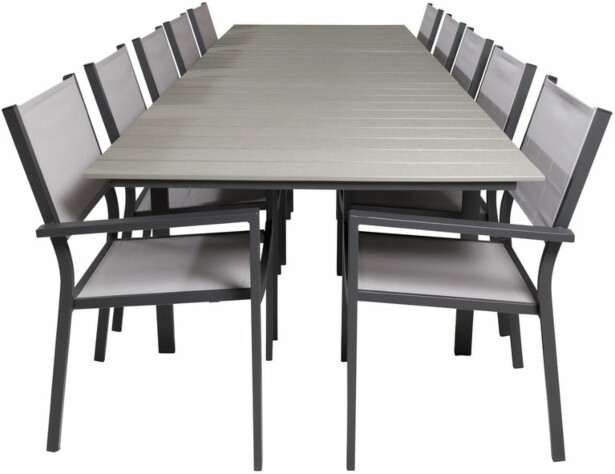 Ruokailuryhmä Venture Home, 229/310x100cm jatkettava harmaa/musta Levels-pöytä + 10 pinottavaa Copacabana-tuolia