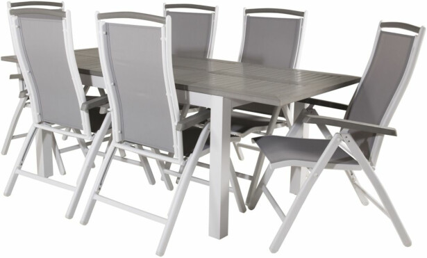 Ruokailuryhmä Venture Home, 152/210x90cm harmaa/valkoinen jatkettava Albany-pöytä + 6 harmaa/valkoista Albany-säätötuolia