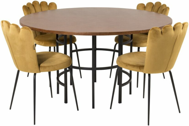 Ruokailuryhmä Venture Home, ⌀140cm ruskea Copenhagen-pöytä + 4 keltaista Limhamn Light -tuolia, sametti