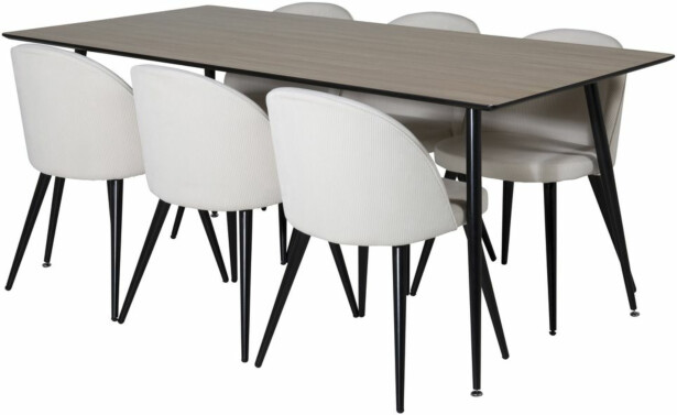 Ruokailuryhmä Venture Home, 180x90cm ruskea Silar-pöytä + 6 beigeä Velvet-tuolia, vakosametti