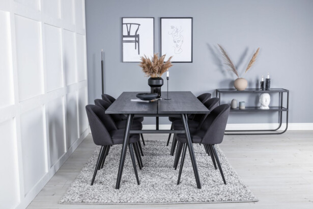 Ruokailuryhmä Venture Home, Sleek-ruokapöytä + 6 mustaa Velvet-tuolia