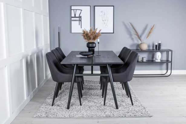Ruokailuryhmä Venture Home, Sleek-ruokapöytä + 6 mustaa Plaza-tuolia