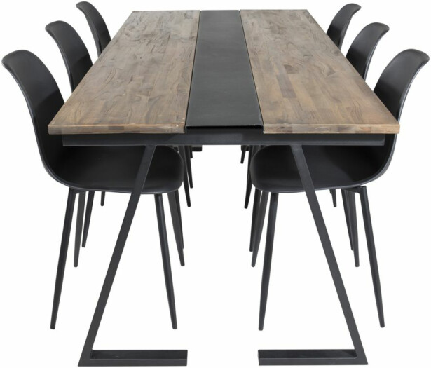 Ruokailuryhmä Venture Home, 200x90cm Jakarta-pöytä + 6 mustaa Polar Plastic -tuolia