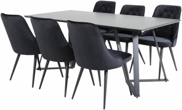 Ruokailuryhmä Venture Home, 180x90cm musta Marina-pöytä + 6 mustaa Velvet Deluxe -tuolia, sametti