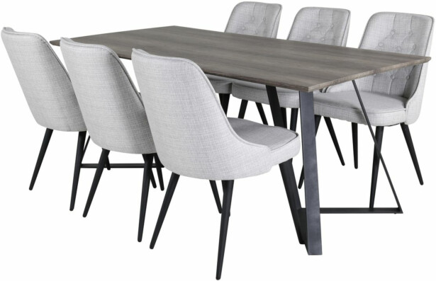 Ruokailuryhmä Venture Home, 180x90cm harmaa/musta Marina-pöytä + 6 harmaata Velvet Deluxe -tuolia