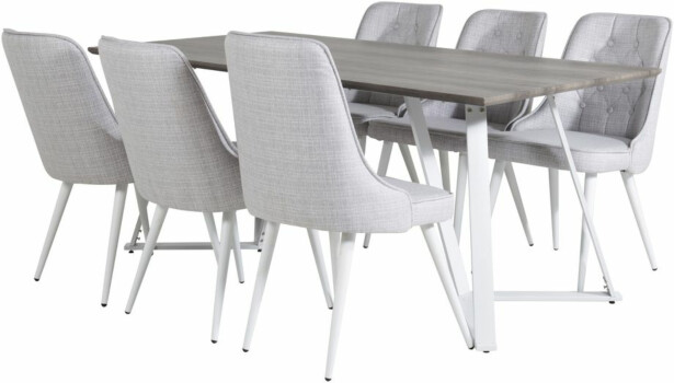 Ruokailuryhmä Venture Home, 180x90cm harmaa/valkoinen Marina-pöytä + 6 harmaa-valkoista Velvet Deluxe -tuolia