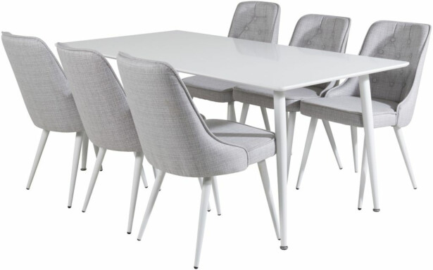 Ruokailuryhmä Venture Home, 180x90cm valkoinen Polar-pöytä+ 6 vaaleanharmaata Velvet Deluxe -tuolia