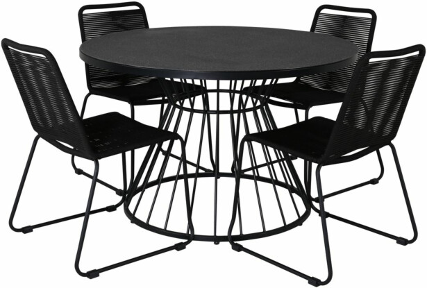 Ruokailuryhmä Venture Home, ⌀120cm harmaa/musta Tropea-pöytä + 4 mustaa, pinottavaa Lindos-tuolia