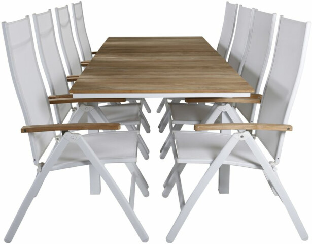 Ruokailuryhmä Venture Home 180/240x90cm jatkettava Mexico-pöytä + 8 valkoista Panama Light -säätötuolia