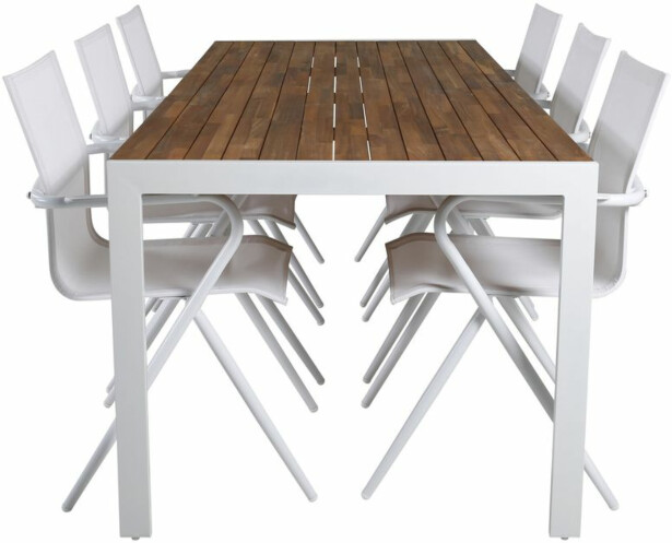 Ruokailuryhmä Venture Home, 205x90cm akaasia/valkoinen Bois-pöytä + 6 valkoista Alina-tuolia