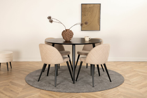 Ruokailuryhmä Venture Home, ⌀115cm musta Dipp-pöytä + 4 beigeä Velvet Stitches -tuolia