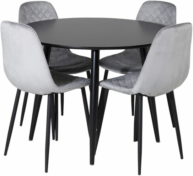 Ruokailuryhmä Venture Home, ⌀100cm musta Plaza-pöytä + 4 harmaata Polar Diamond Velvet -tuolia