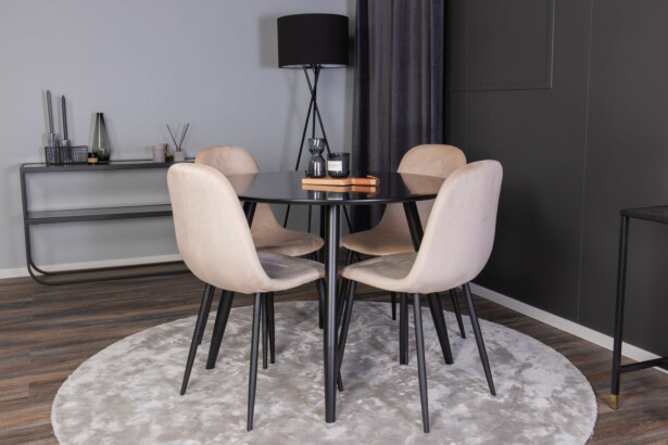 Ruokailuryhmä Venture Home, ⌀100cm musta Plaza-pöytä + 4 beigeä Polar Velvet -tuolia