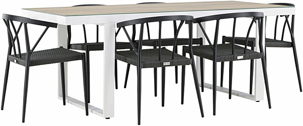 Ruokailuryhmä Venture Home, 200x90cm, beige/valkoinen Merlo-pöytä + 6 mustaa Stina-tuolia
