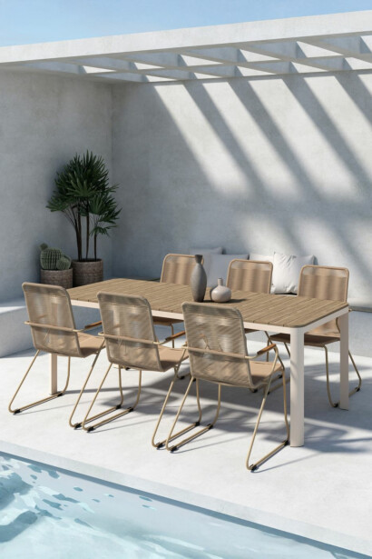 Ruokailuryhmä Venture Home, 210x90cm Etna-pöytä + 6 beigeä Bois-tuolia