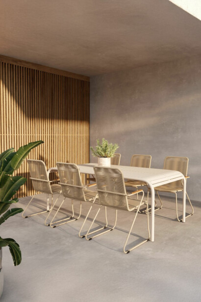 Ruokailuryhmä Venture Home, 200x100cm beige Borneo-pöytä + 6 beigeä Bois-tuolia