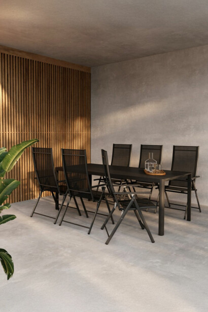 Ruokailuryhmä Venture Home, 200x90cm musta Giardini-pöytä + 6 mustaa Levanzo-tuolia