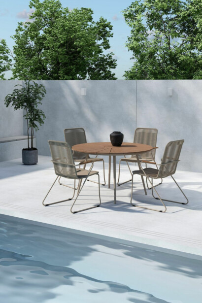 Ruokailuryhmä Venture Home, Ø120cm ruskea/beige San Vito -pöytä + 4 beigeä Bois-tuolia