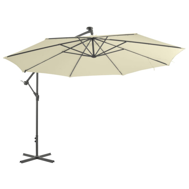 Aurinkovarjo LED-valoilla ja metallipylväällä 350 cm hiekka