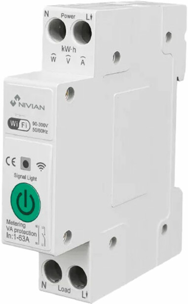 Älyrele Celotron Nivian Smart, DIN-kiskoon, maksimikuormitus 16A, säädettävä virranrajoitustoiminto, kulutustilastot, ajastin ja kalenteri, WiFi