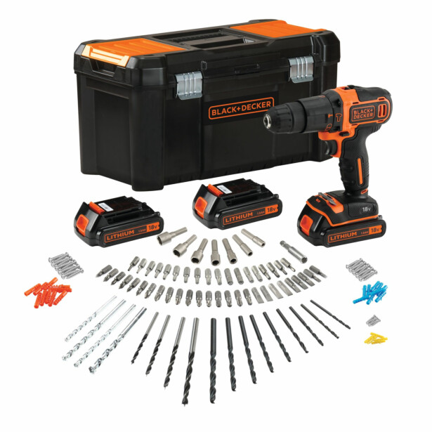 Akkuporakone Black+Decker BDCHD181B3A, 18V, 3x1.5Ah akuilla + 120 tarviketta