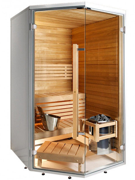 Kylpyhuonesauna Sirius Formula, 1240x1240, eri materiaaleja, kulmamalli