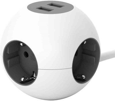 Jatkojohto Gelia Power globe kombi, 2m, 4-osainen + 2xUSB-A, valkoinen/harmaa