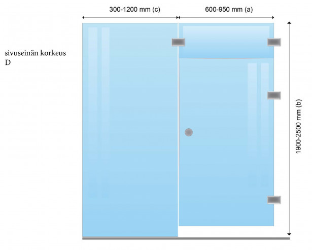 Saunan lasiseinä Maakunnan lasi, ovi + ylälasi + seinä, saranat sivulla, eri värejä, mittatilaus