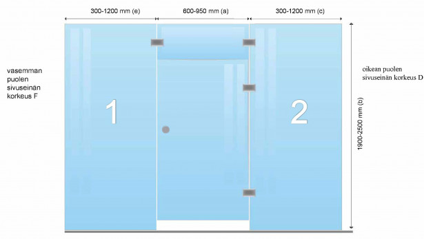 Saunan lasiseinä Maakunnan lasi, ovi + ylälasi + 2 seinää, eri värejä, mittatilaus