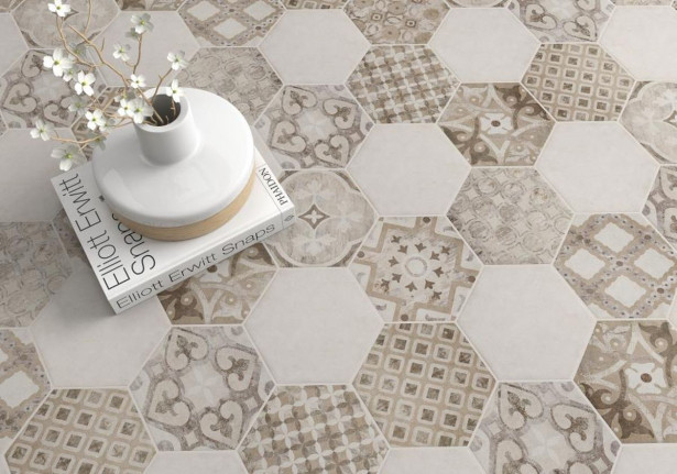 Lattialaatta Kymppi-Lattiat Concrete hex decor Beige 14x16cm