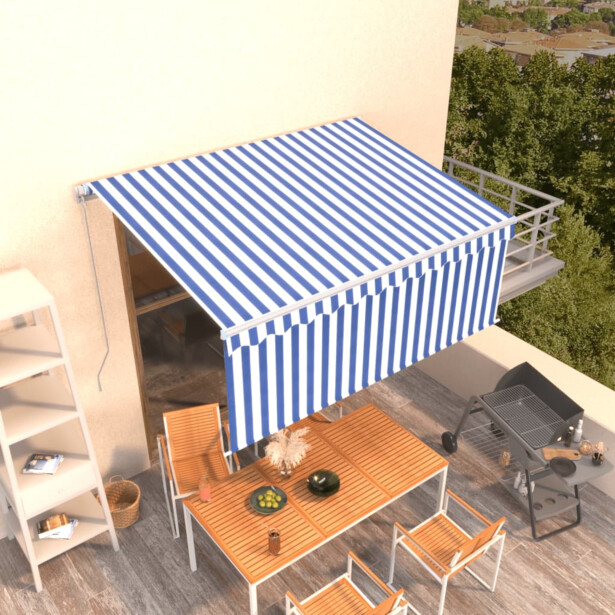 Manuaalisesti kelattava markiisi 2 verhoilla 3x2,5m sininen/valkoinen