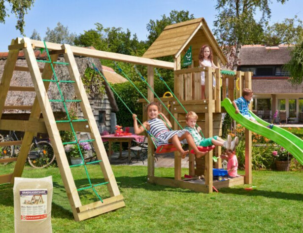 Leikkitornikokonaisuus Jungle Gym Cubby, 2-Climb Module 220, liukumäki ja 120 kg hiekkaa
