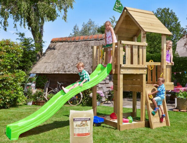 Leikkitornikokonaisuus Jungle Gym Cubby, liukumäki ja 120 kg hiekkaa