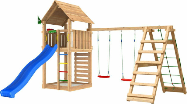 Leikkitorni Jungle Gym Cabin 2.1, 2-Climb Module 220, liukumäki ja 120 kg hiekkaa