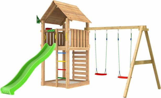 Leikkitorni Jungle Gym Cabin 2.1 ja 2-Swing Module 220, vihreä liukumäki