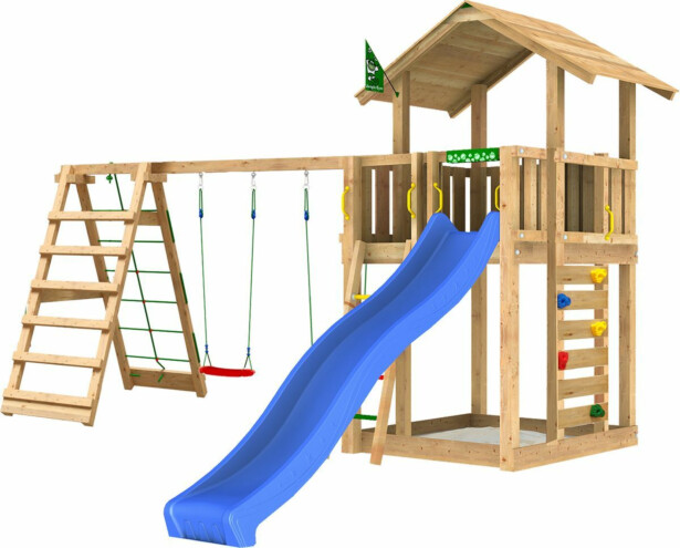 Leikkitorni Jungle Gym Chalet 2.1 ja 2-Climb Module 220, sininen liukumäki