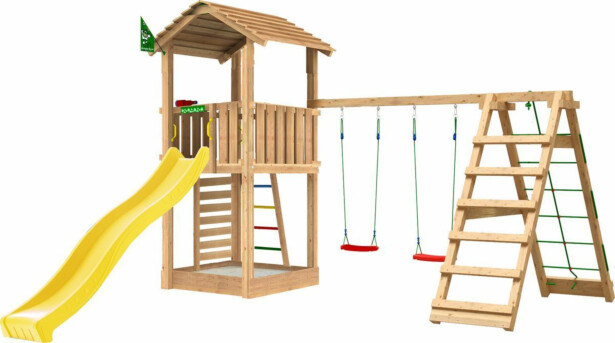 Leikkitorni Jungle Gym Cottage 2.1 ja 2-Climb Module 220, keltainen liukumäki