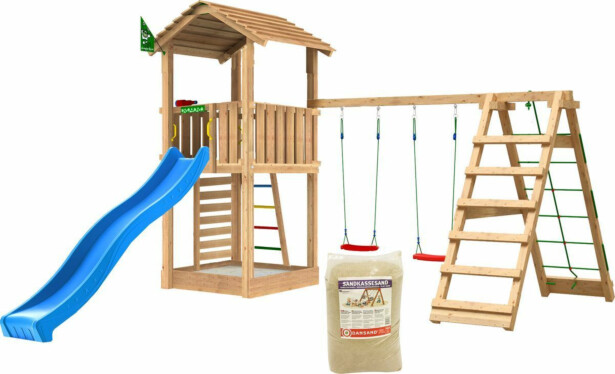Leikkitorni Jungle Gym Cottage 2.1, 2-Climb Module 220, liukumäki ja 120 kg hiekkaa