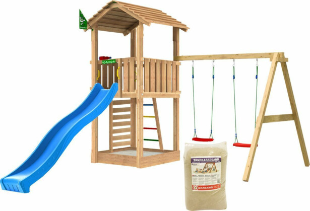 Leikkitorni Jungle Gym Cottage 2.1, 2-Swing Module 220, liukumäki ja 120 kg hiekkaa