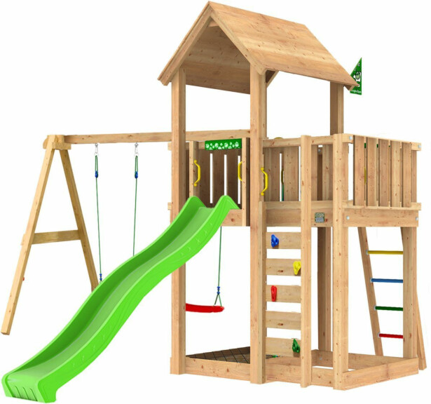 Leikkitorni Jungle Gym Mansion 2.1, 2-Swing Module 220, liukumäki ja 120 kg hiekkaa