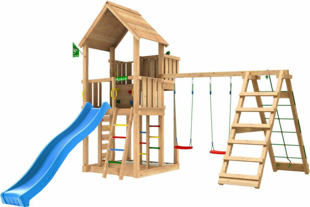 Leikkitorni Jungle Gym Palace 2.1, 2-Climb Module 220, sininen liukumäki ja 120 kg hiekkaa