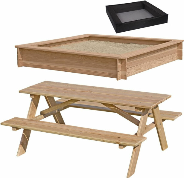 Hiekkalaatikko Nordic Play Active, 150x150cm, lehtikuusi, verkko ja pöytä/penkkisetti
